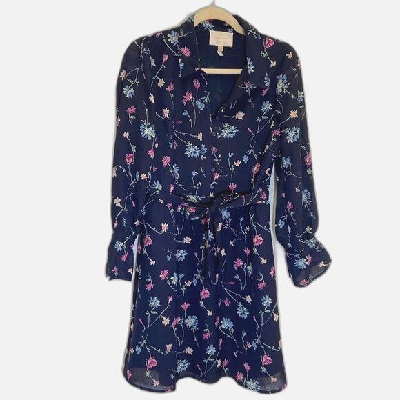 Skies Are Blue - Floral Navy Blue Fit and Flare Tie Waist Dress - size SMALL - Picture 1 of 10